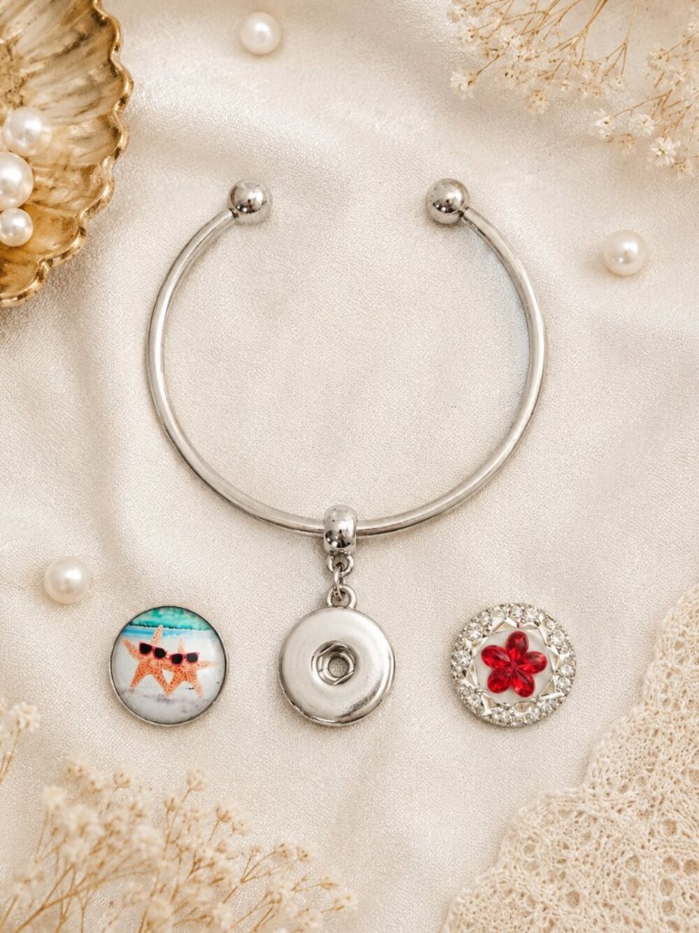 Silver Snap Charm Cuff Bracelet Ruby Flower & Starfish Interchangeable Snaps